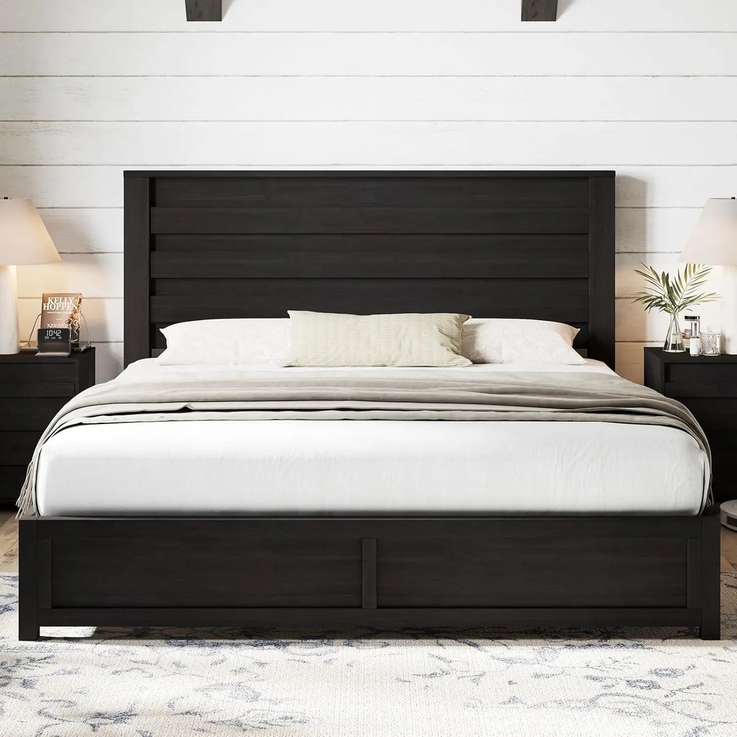 Farmhouse King Size Bed Frame, Wood Platform Bed with Natural Grain, No Box Spring Needed/Noise Free, Black