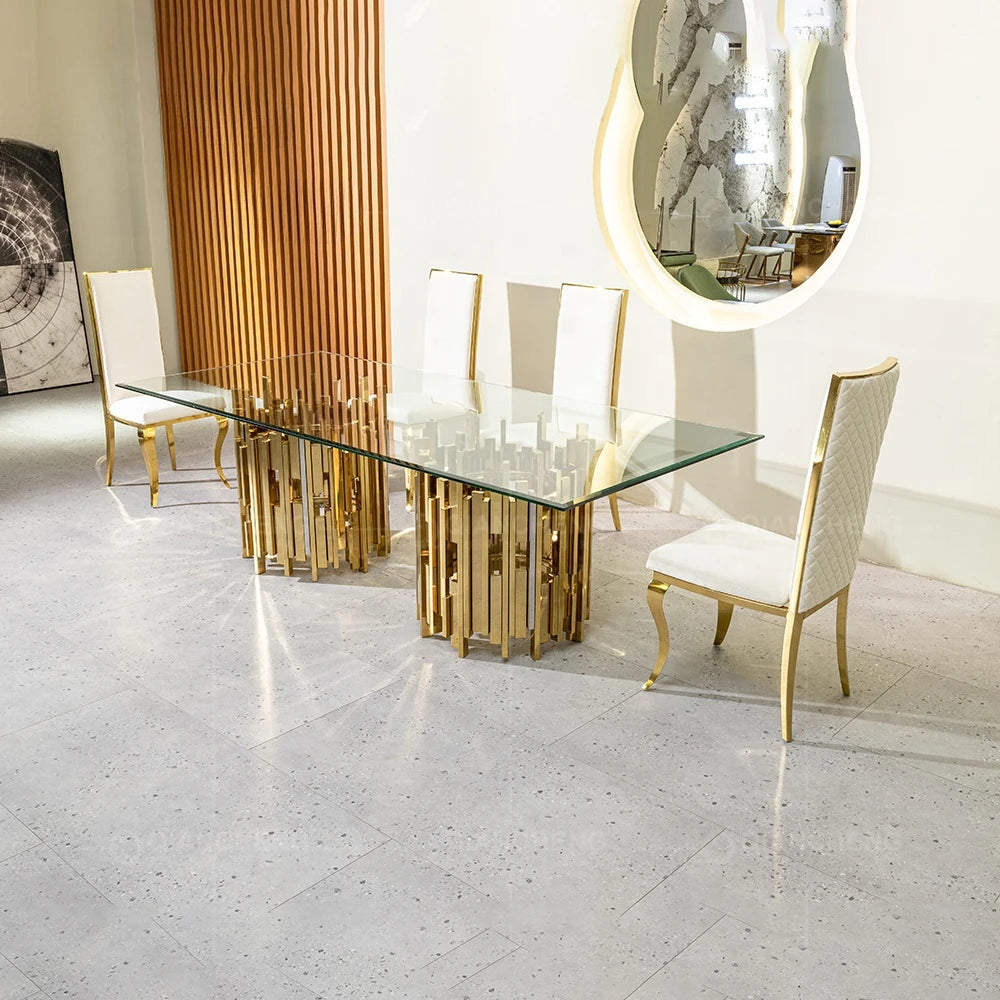 Gold and silver stainless steel metal dinning table and chair set for 4 6 seater luxury malaysia tempered glass top dining table