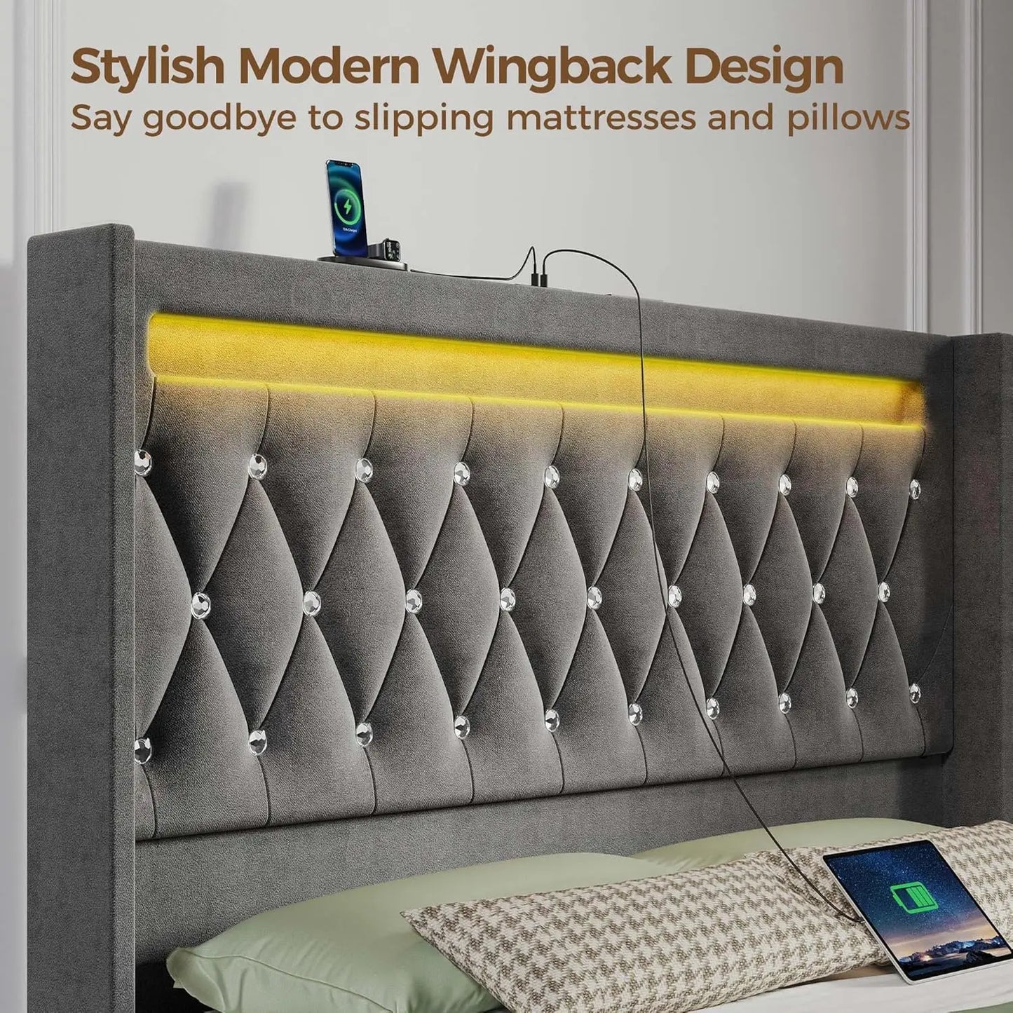 Twin Bed Frame with LED Light and Charging Station, Upholstered High Headboard and Footboard, Wood Slats, Noise Free, Easy Assem