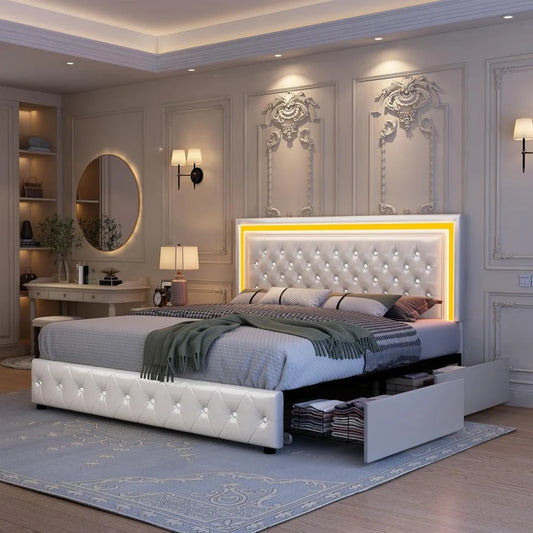 King Bed Frame with LED Lights, Storage Drawers, No Box Spring Needed, 900 lbs Capacity, Easy Assembly, bedroom furniture White