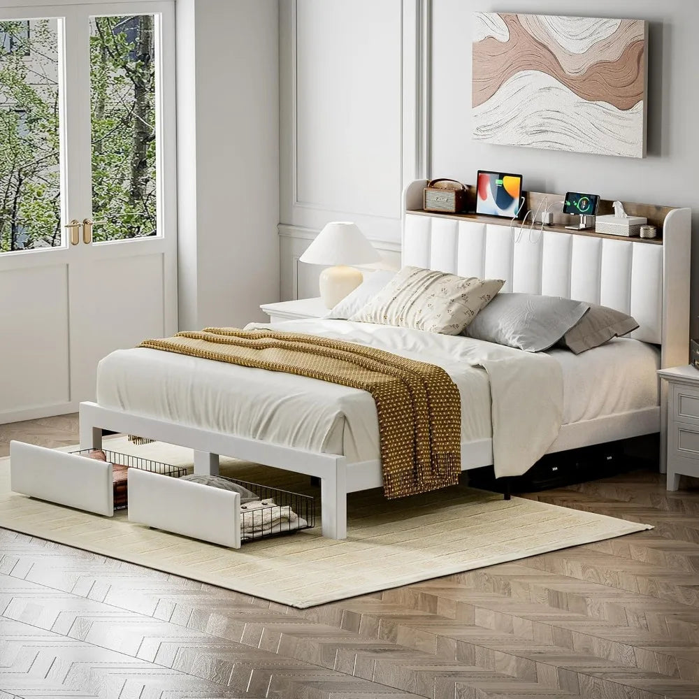 Upholstered Bed Frame Queen Size with Headboard with Storage Drawers & Charging Station,No Box Spring Needed/Heavy Duty
