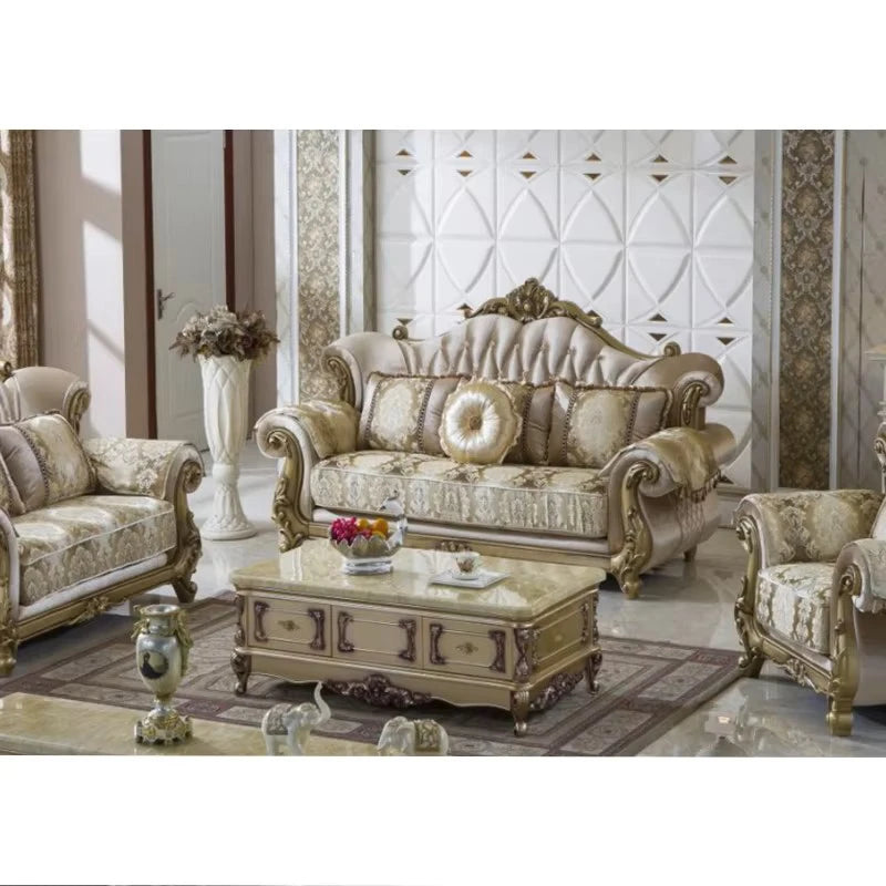European Luxury 1 2 3 Seats Fabric Sofa Set Villa Home Furniture Classic Royal Solid Wood Combination Living Room Sofa