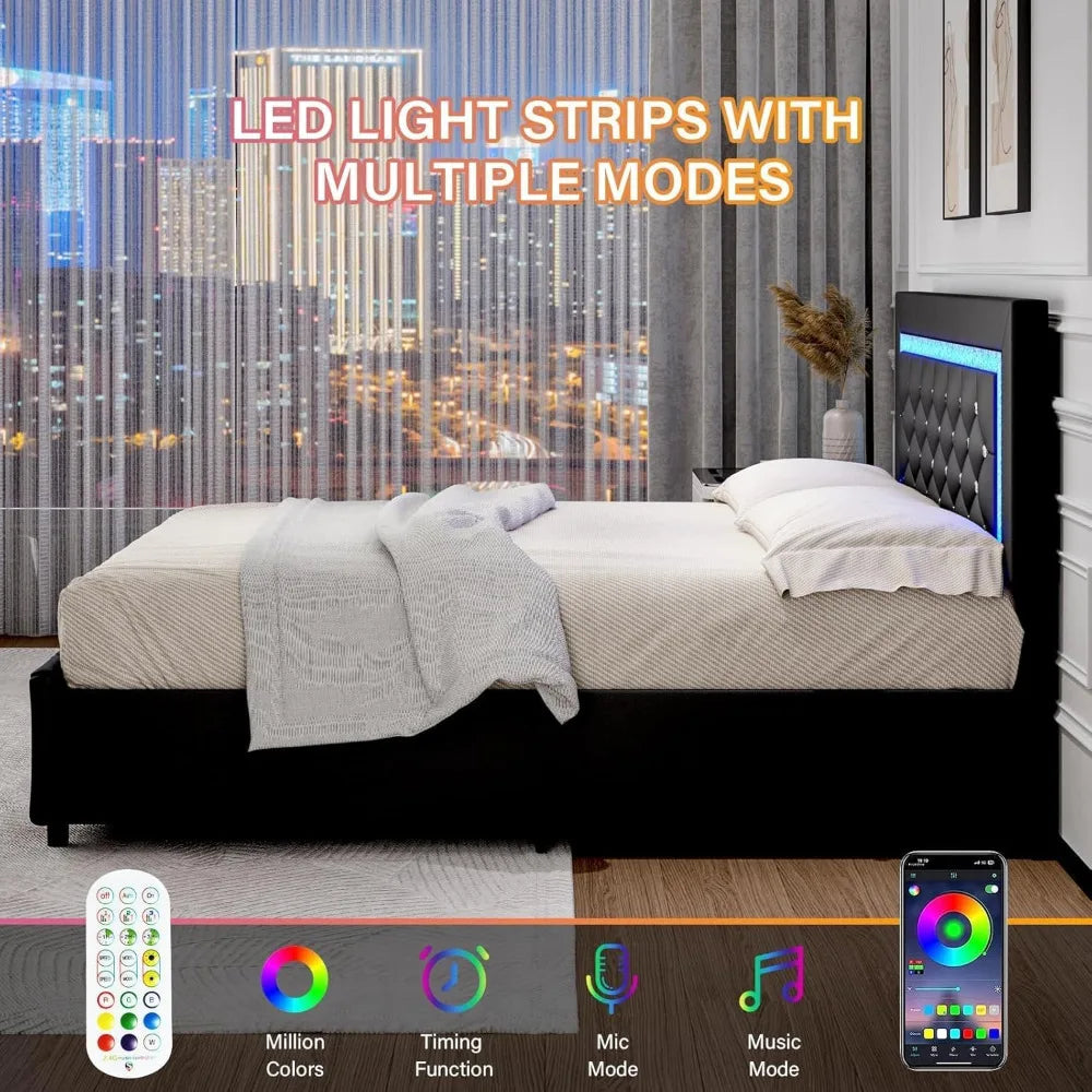 Queen Size Bed Frame with LED Lights, Upholstered Bed Frame with 4 Storage Drawers, with Diamond Headboard and Footboard