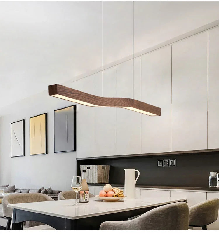 Modern Walnut Led Long Pendant Lights for Kitchen Island Dining Room Study Room Hanging Lamp Ceiling Chandeliers Wood Wooden