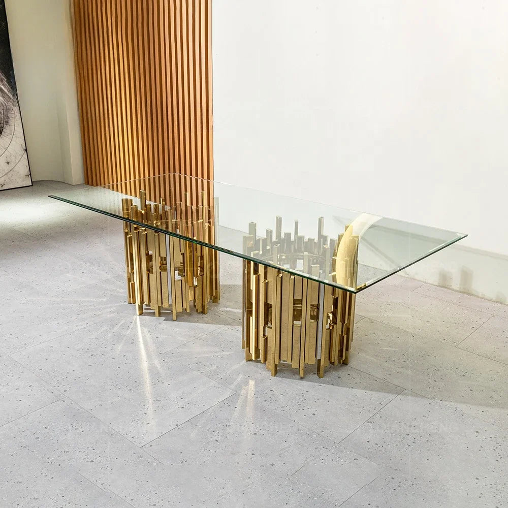 Gold and silver stainless steel metal dinning table and chair set for 4 6 seater luxury malaysia tempered glass top dining table