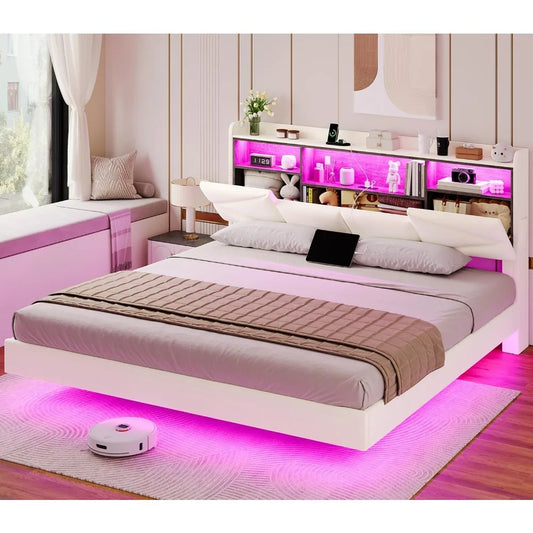 Bed Frame, with Storage Headboard and Power Outlet, Floating Platform Bed with LED Lights, Wood Slats Support, Bedroom Bed