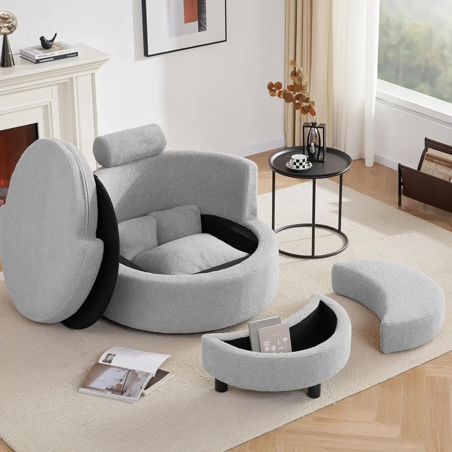 Round Oversized Swivel Barrel Chair with Base Storage for Living Room, 360°Modern Swivel Accent Chair with 3 Pillows for Home