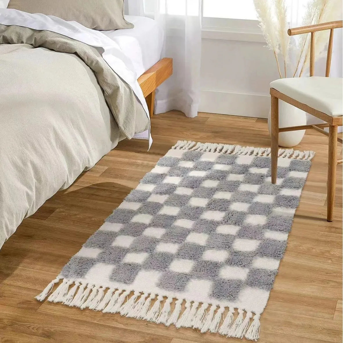 Vintage Nordic Style Cotton Linen Handmade Tassel Area Rug Checkerboard Tufted Floor Bedside Mat Living Room Bedroom Tapestry