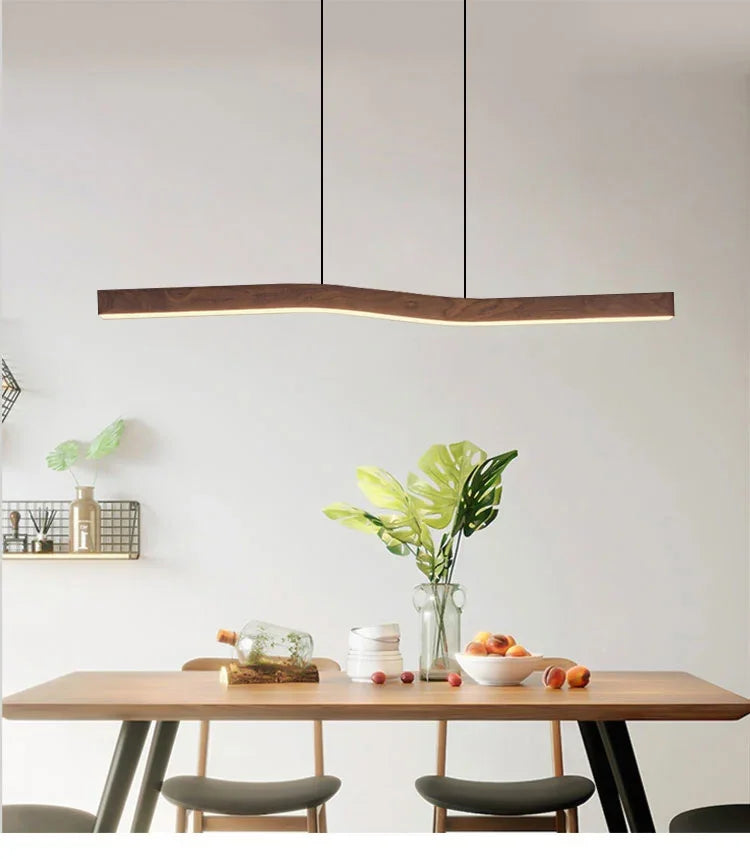 Modern Walnut Led Long Pendant Lights for Kitchen Island Dining Room Study Room Hanging Lamp Ceiling Chandeliers Wood Wooden