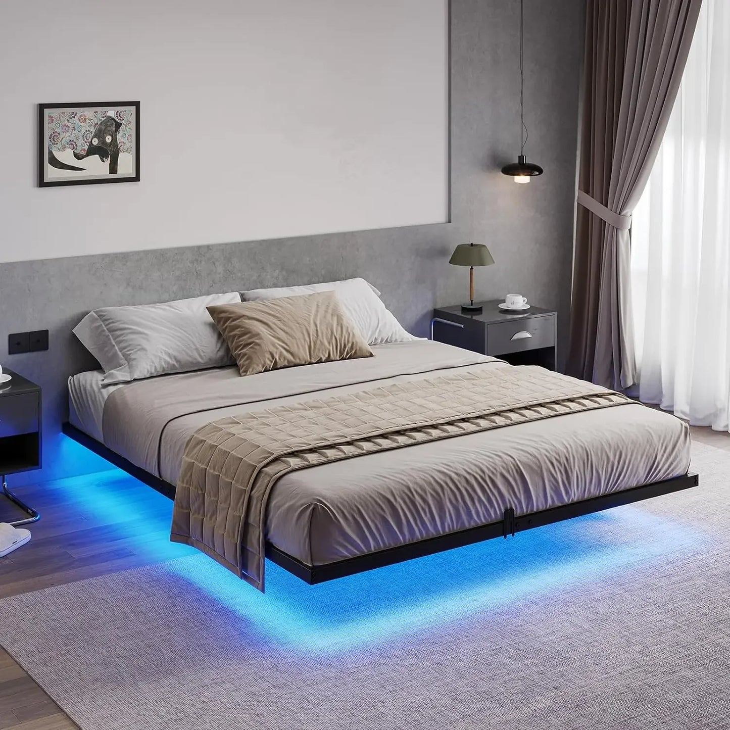 Floating California King Size Bed Frame with LED Lights Metal Platform Bed No Box Spring Needed Easy To Assemble California King