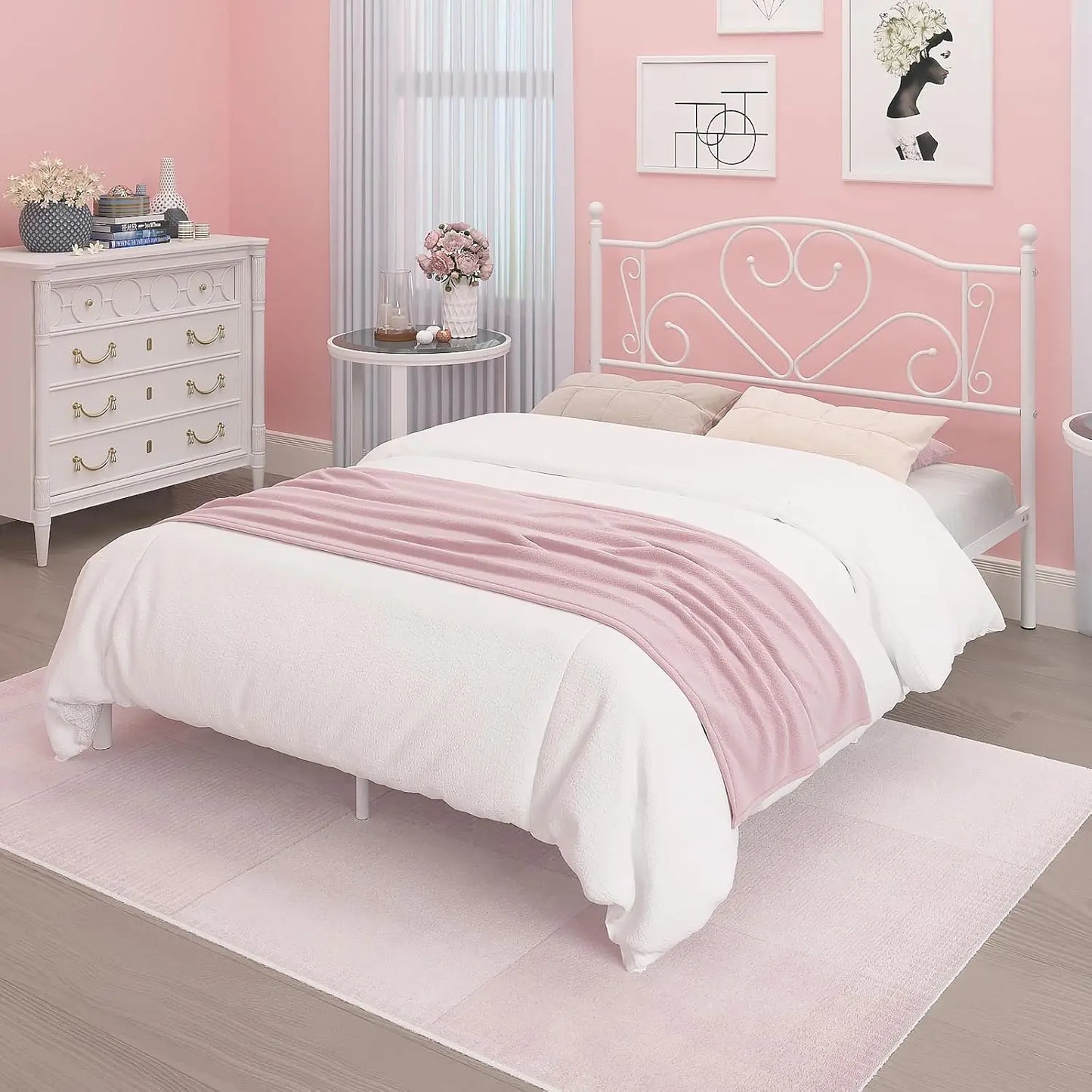 Full Size Bed Frame with Headboard, Heavy Duty Steel Slat Support Platform Under Bed Storage Space No Box Spring Needed, White
