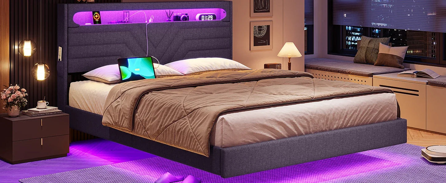 Queen Floating Frame RGB LED Lights ,USB-C/A Power Combo,Linen Upholstered Platform Bed with Storage Headboard