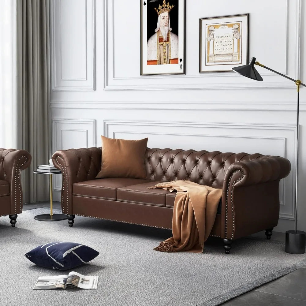 2-piece Living Room Set, Chesterfield Leather Double Sofa with Scroll Armrests and Nail Heads