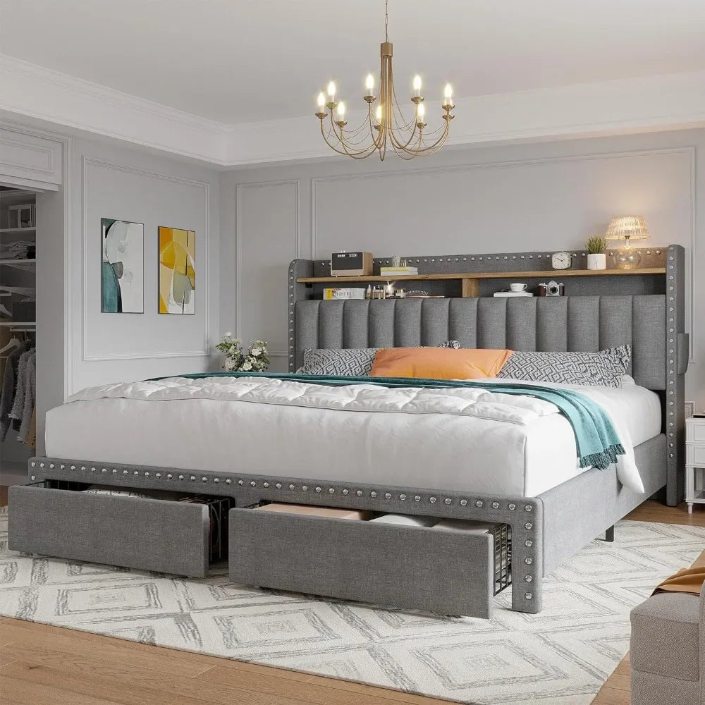 Queen Bed Frame with Headboard and Storage, Upholstered Queen Bed Frame with Storage, Queen Size Bed Frame with 2 Drawer