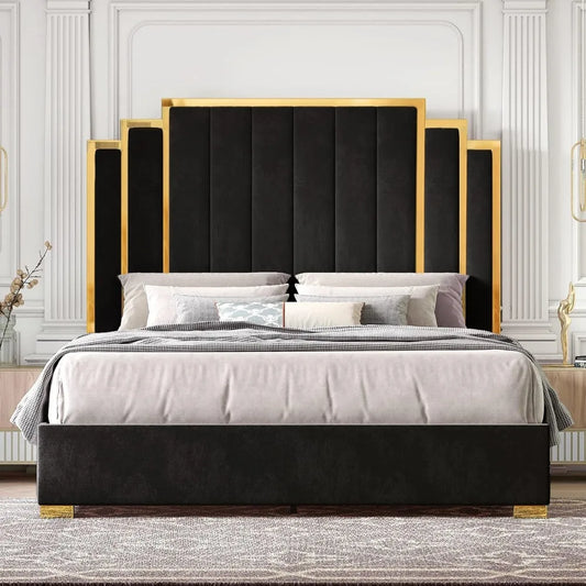 bedstead King Size and 65" Headboard, Upholstered Bed with Golden Plating Trim, Platform Bed No Box Spring Needed,bedstead