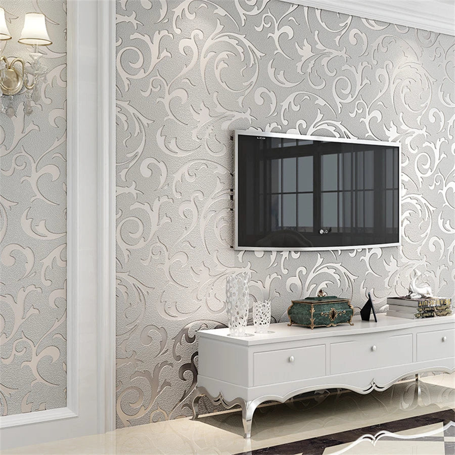 3D Grey Victorian Damask Embossed Wallpaper Roll Home Decor Living Room Bedroom Wall Coverings Silver Floral Luxury Wall Paper