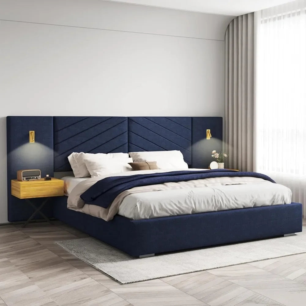 Luxury Bed Frame with Built-in Gold LED Lights and Nightstands, King Size Platform Bed with Oversize Upholstered Headboard