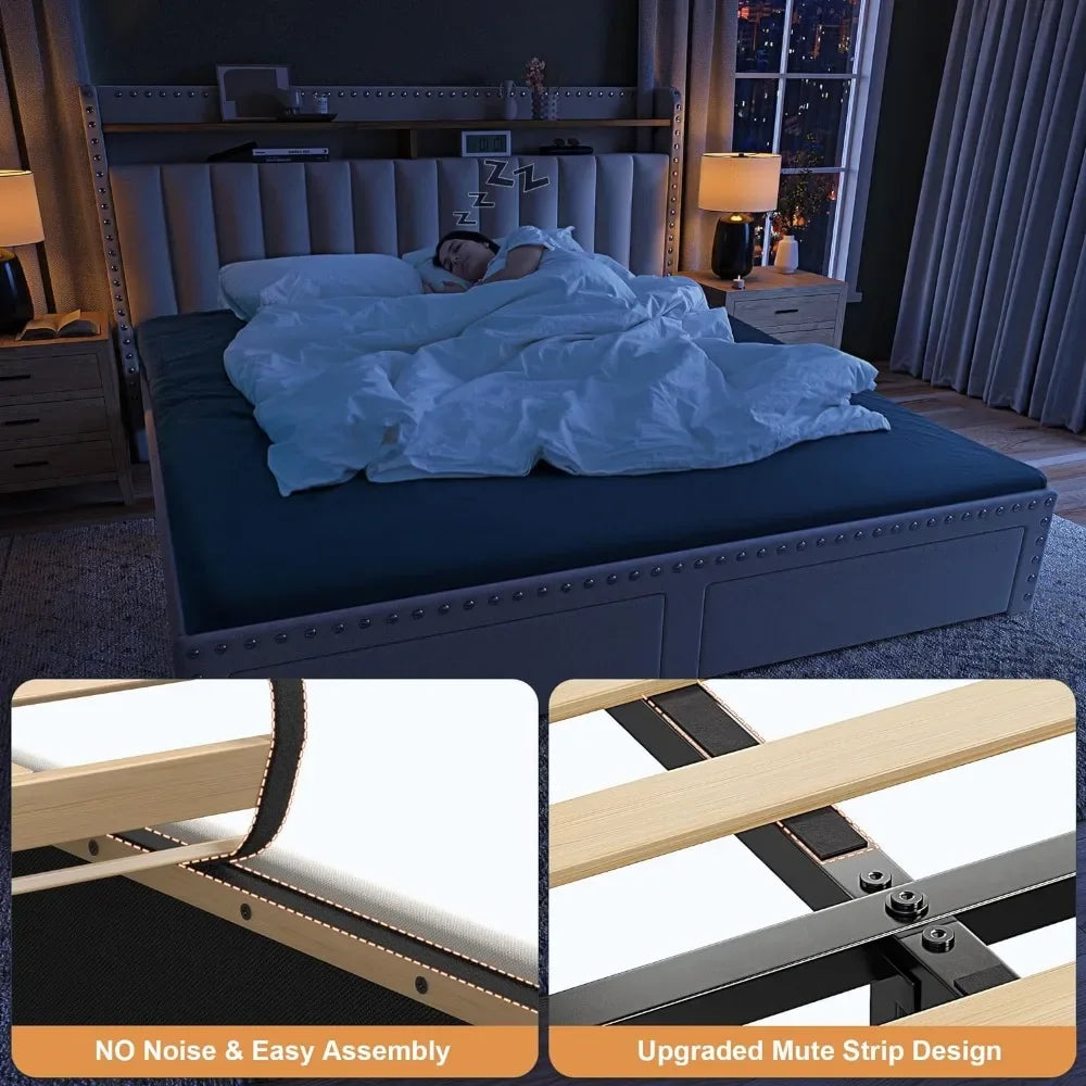 Queen Bed Frame with Headboard and Storage, Upholstered Queen Bed Frame with Storage, Queen Size Bed Frame with 2 Drawer