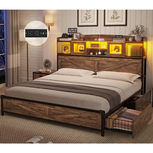 LED Queen Size Bed Frame with Tall Storage Headboard & 4Drawers,Platform Metal Bed Frame with Sliding Acrylic Door,Vintage Brown