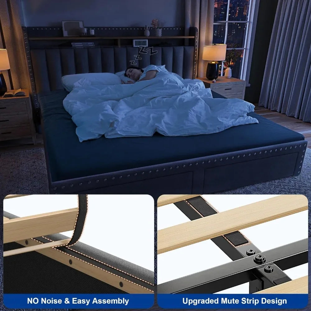 Queen Bed Frame with Headboard and Storage, Upholstered Queen Bed Frame with Storage, Queen Size Bed Frame with 2 Drawer