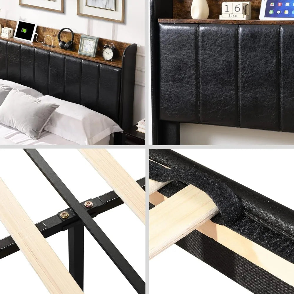 Upholstered Bed Frame Queen Size with Headboard with Storage Drawers & Charging Station,No Box Spring Needed/Heavy Duty