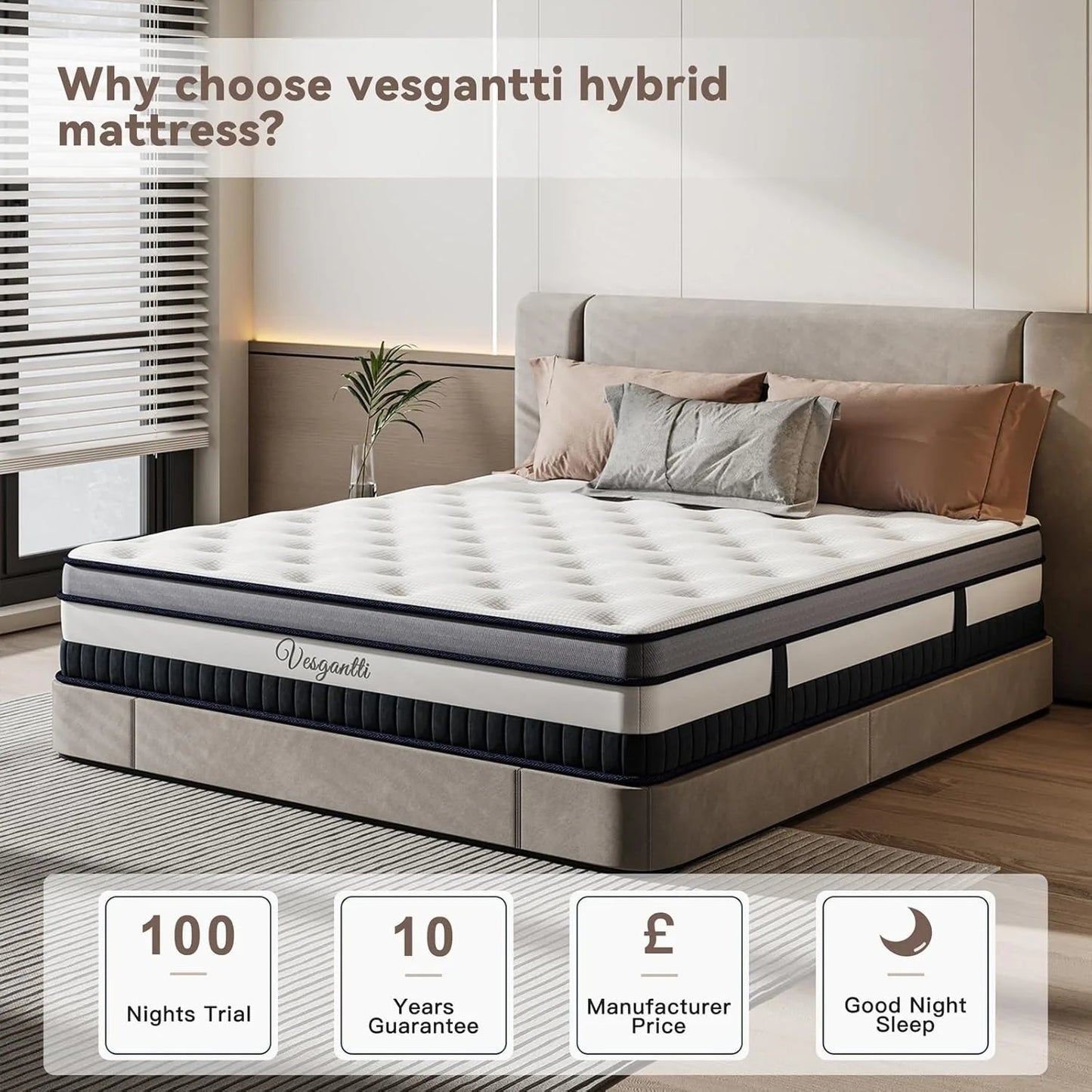 Vesgantti 11 Inch Pocket Sprung Mattress with Breathable Foam and Individually Pocket Spring - Medium, Luxury Box Top Collection