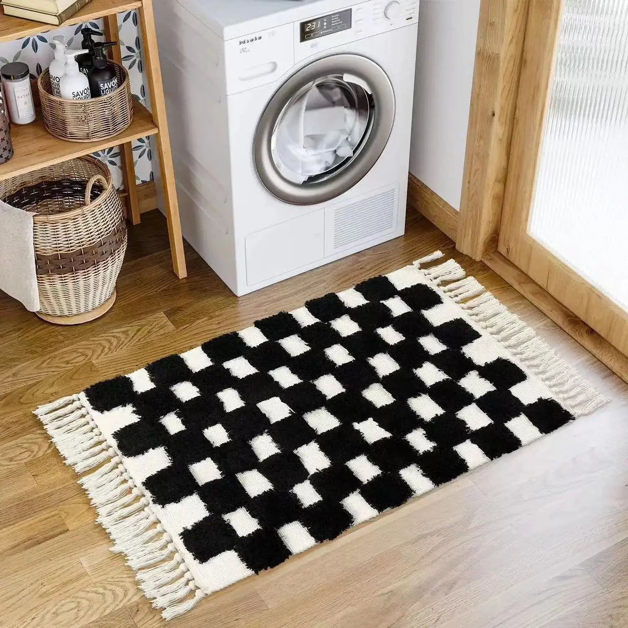 Vintage Nordic Style Cotton Linen Handmade Tassel Area Rug Checkerboard Tufted Floor Bedside Mat Living Room Bedroom Tapestry