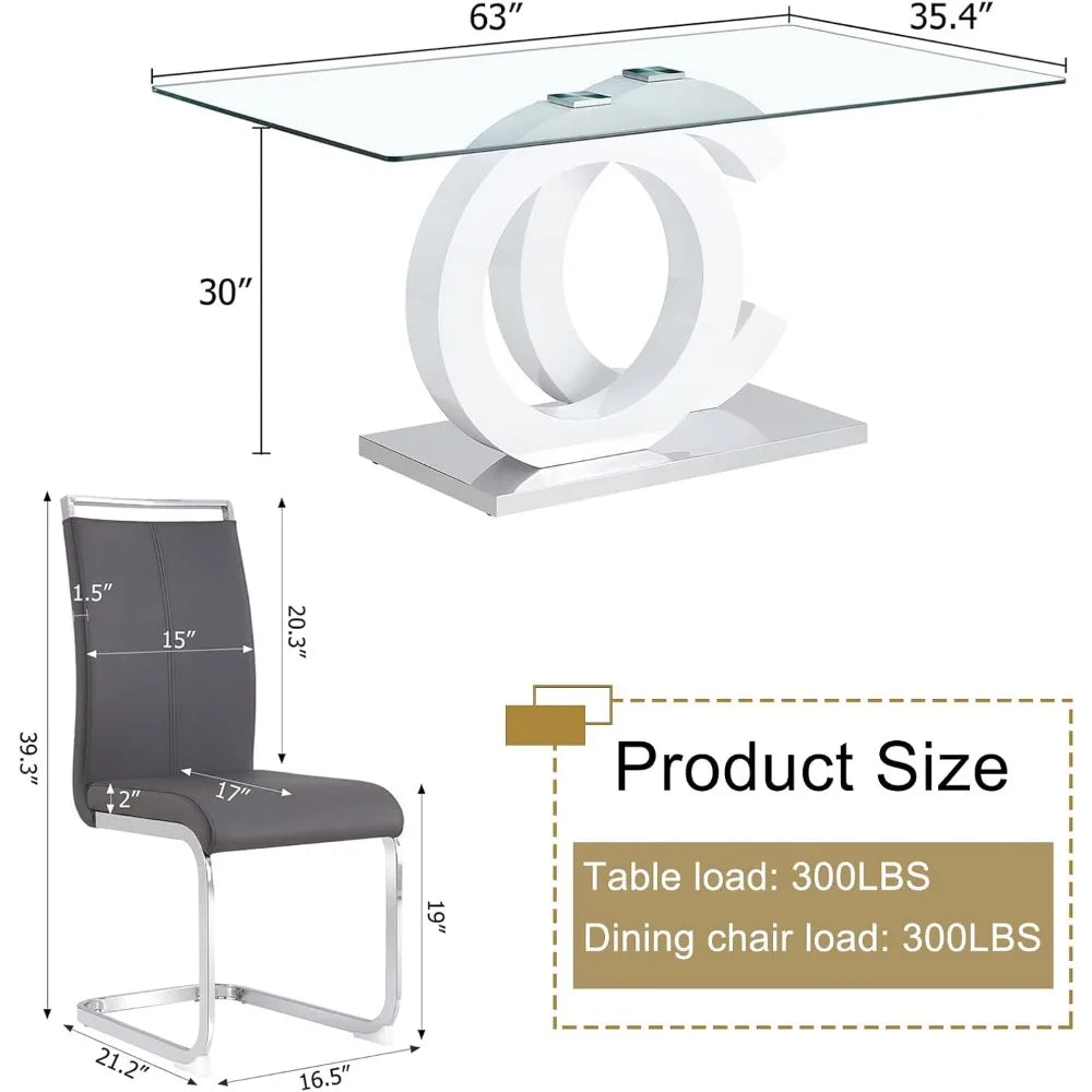 Glass Dining Table Set for 6 ,7 Piece Dining Table Set,Tempered Glass Table Top,PU Leather Ergonomic Dining Chairs Easy Assembly
