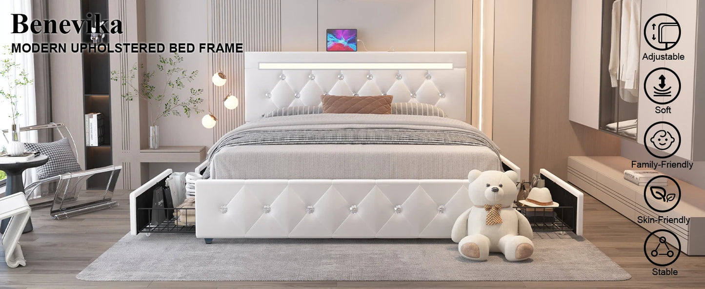 Queen Size Bed Frame with 4 Drawers and Adjustable LED Headboard,PU Leather Upholstered Platform Storage Bed w/Charging Station