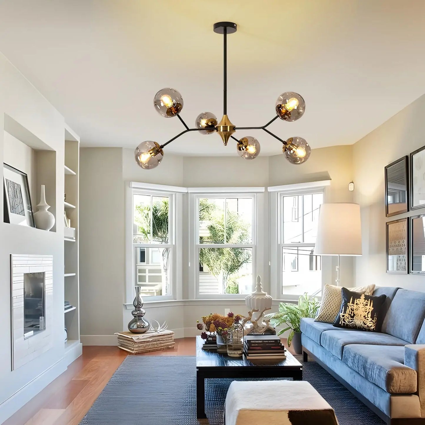 Glass Sputnik Chandelier, 6-Light Black and Gold with Smoke Gray Glass Lampshade Chandelier, E26 Mid Century Modern Pendant Ligh