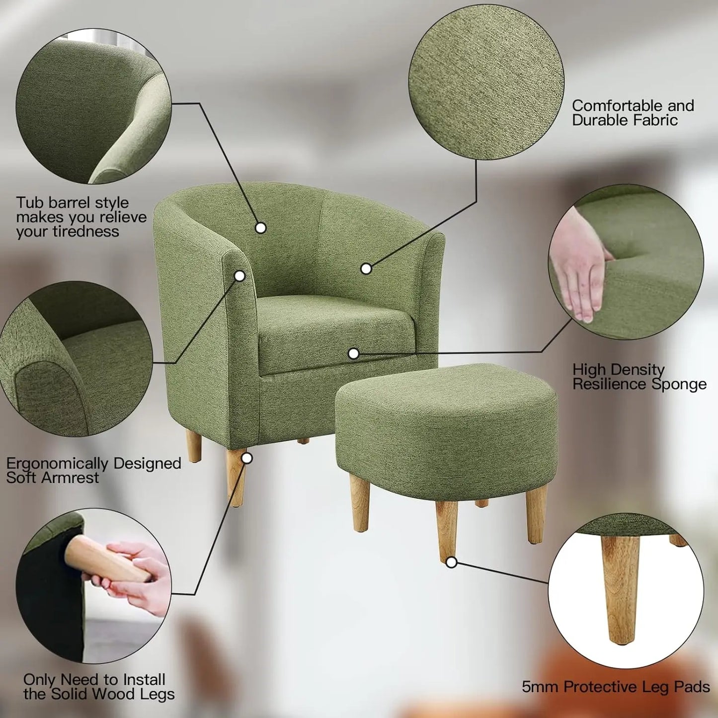 Accent Chair, Sherpa Chair White Fluffy Chair Teddy Barrel Chair with Ottoman Comfy ArmChair Footrest Set