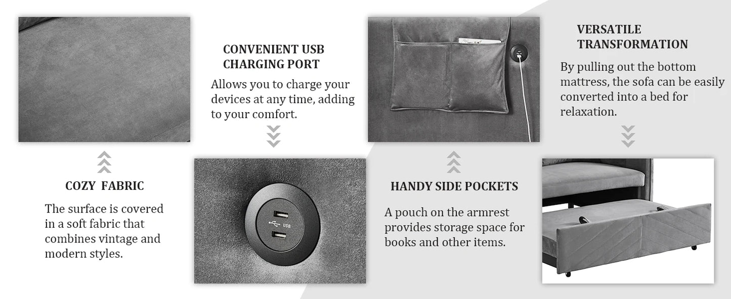 3 in 1 Pull Out Convertible Sofa Bed-Velvet Sleeper Sofa with 3Level Adjustable Backrest,Tufted Love Seat w/ 2Pockets & 2Pillows