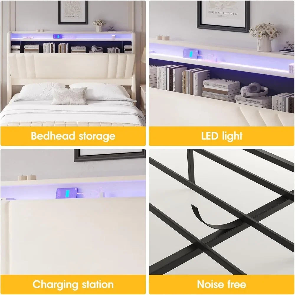 Floating Bed Frame, 50.8" Tall Headboard LED with Charging Station, Metal Platform Bed Frame, Upholstered Platform Beds Home