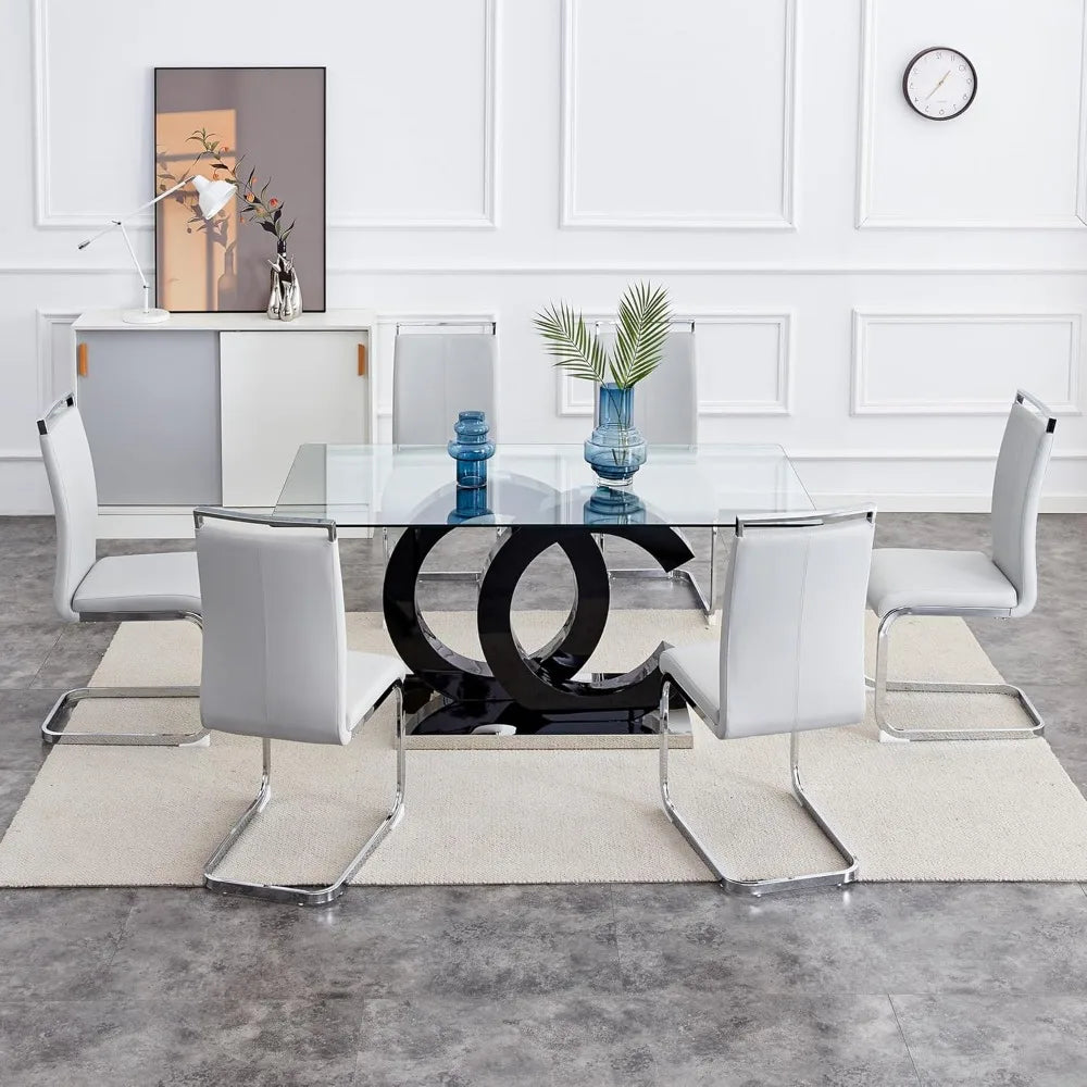 Glass Dining Table Set for 6 ,7 Piece Dining Table Set,Tempered Glass Table Top,PU Leather Ergonomic Dining Chairs Easy Assembly