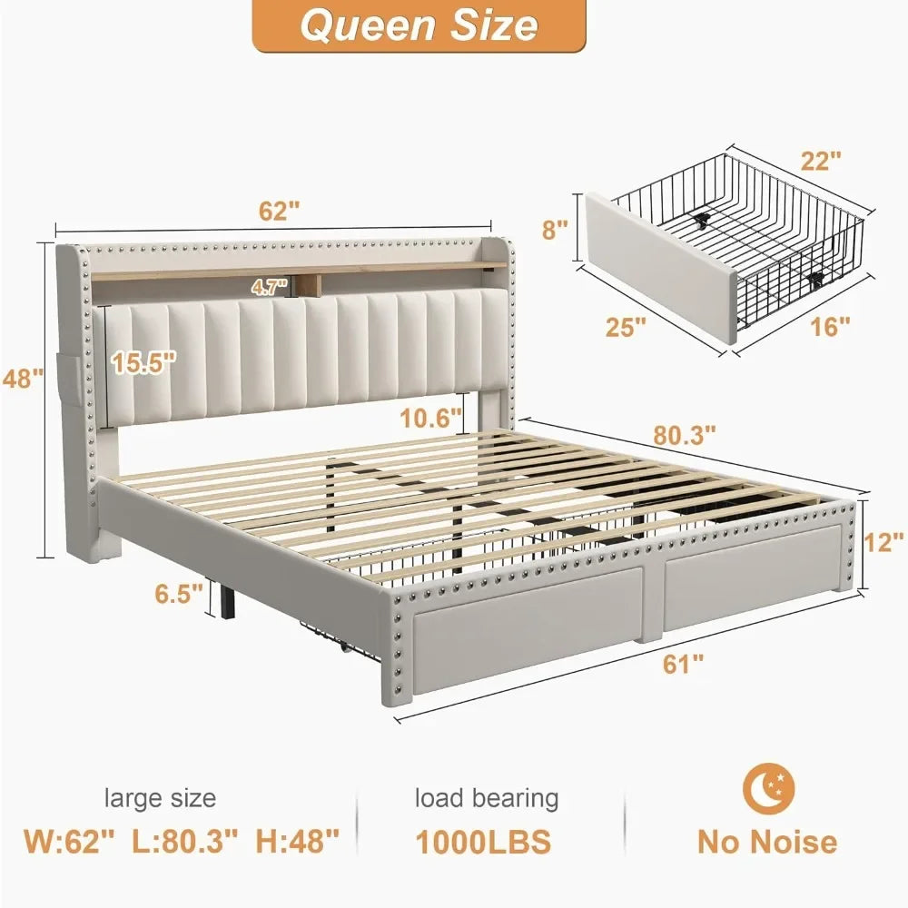 Queen Bed Frame with Headboard and Storage, Upholstered Queen Bed Frame with Storage, Queen Size Bed Frame with 2 Drawer