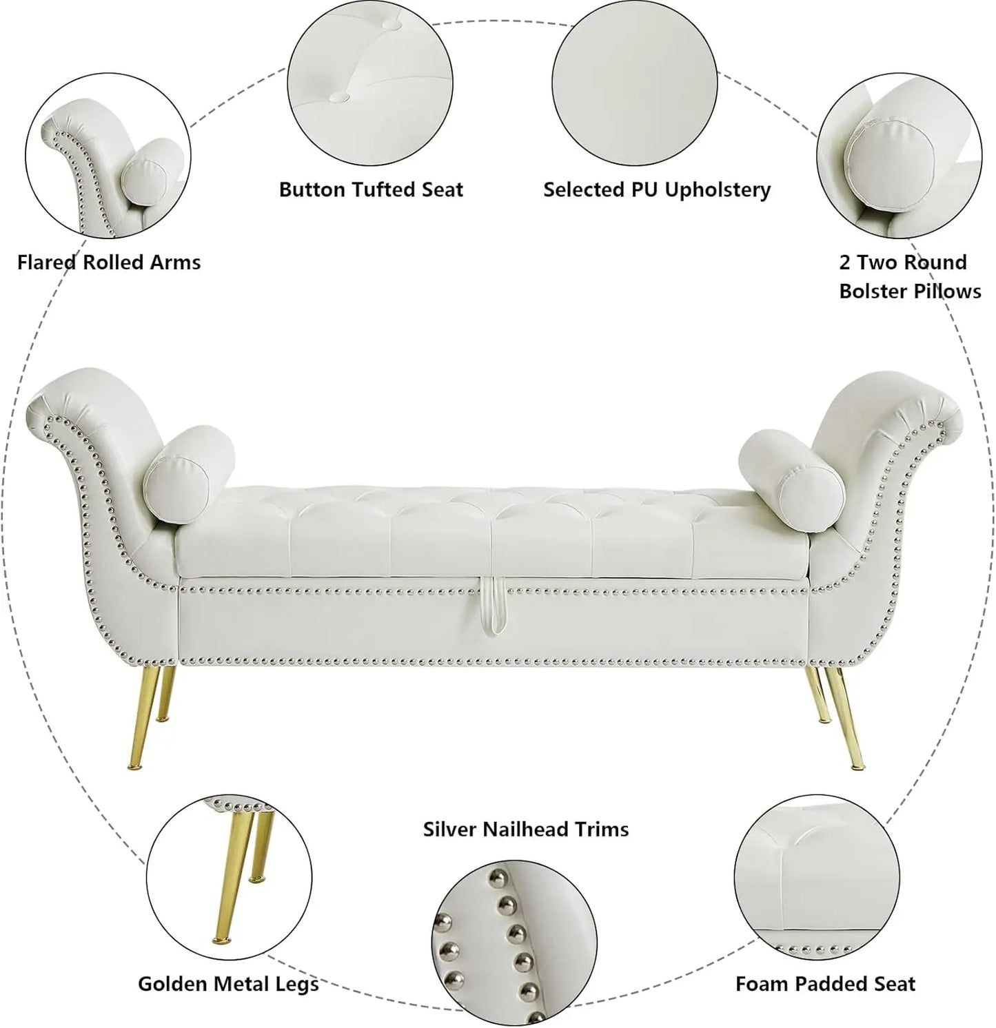 PU Leather Storage Benches End of Bed Vintage Flared Rolled Armed Bedroom Ottoman Bench Button Tufted Entryway Window