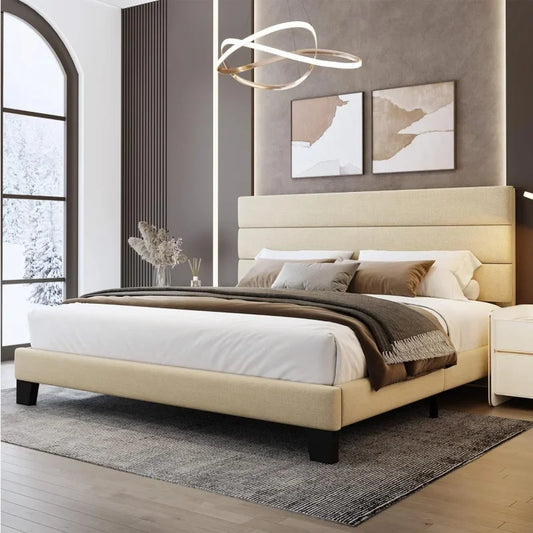 King Bed Frame Platform Bed,Linen Fabric Upholstered Headboard and Wooden Slats Support,Heavy Duty Mattress Foundation,Beige