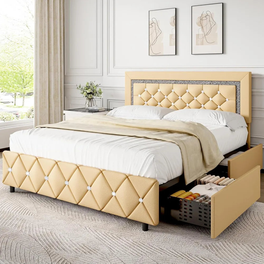 Queen Size Bed Frame with LED Lights, Upholstered Bed Frame with 4 Storage Drawers, with Diamond Headboard and Footboard