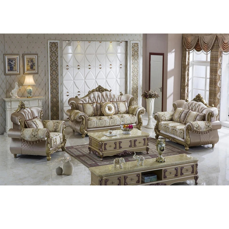 European Luxury 1 2 3 Seats Fabric Sofa Set Villa Home Furniture Classic Royal Solid Wood Combination Living Room Sofa