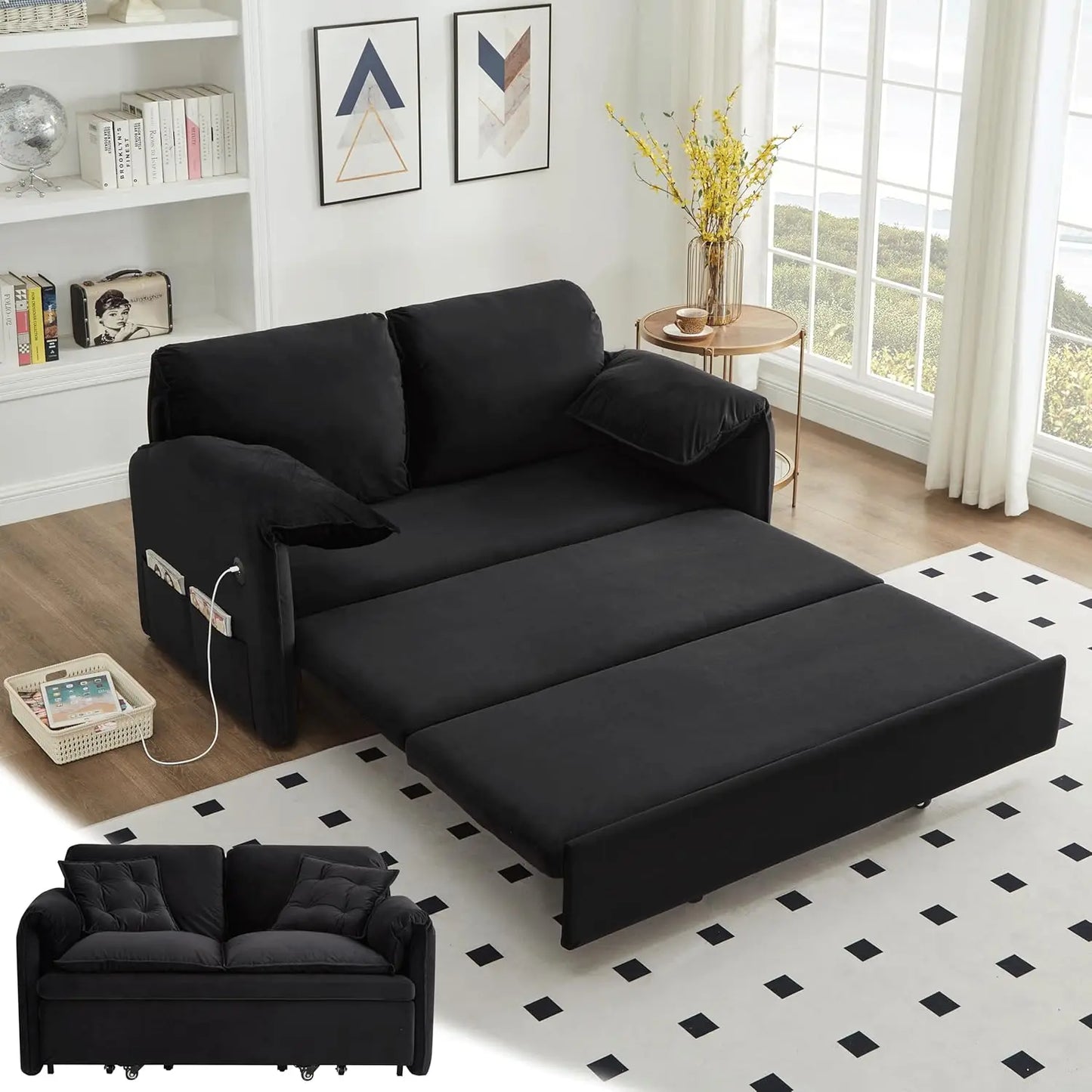 3 in 1 Pull Out Convertible Sofa Bed-Velvet Sleeper Sofa with 3Level Adjustable Backrest,Tufted Love Seat w/ 2Pockets & 2Pillows