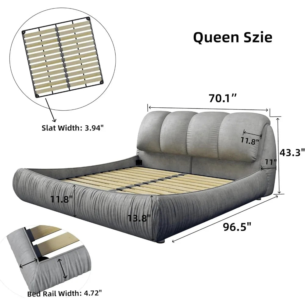 Deluxe king-size upholstered platform bed with upholstered backrest, soft-framed cloud bed, thickened pine slats, metal legs