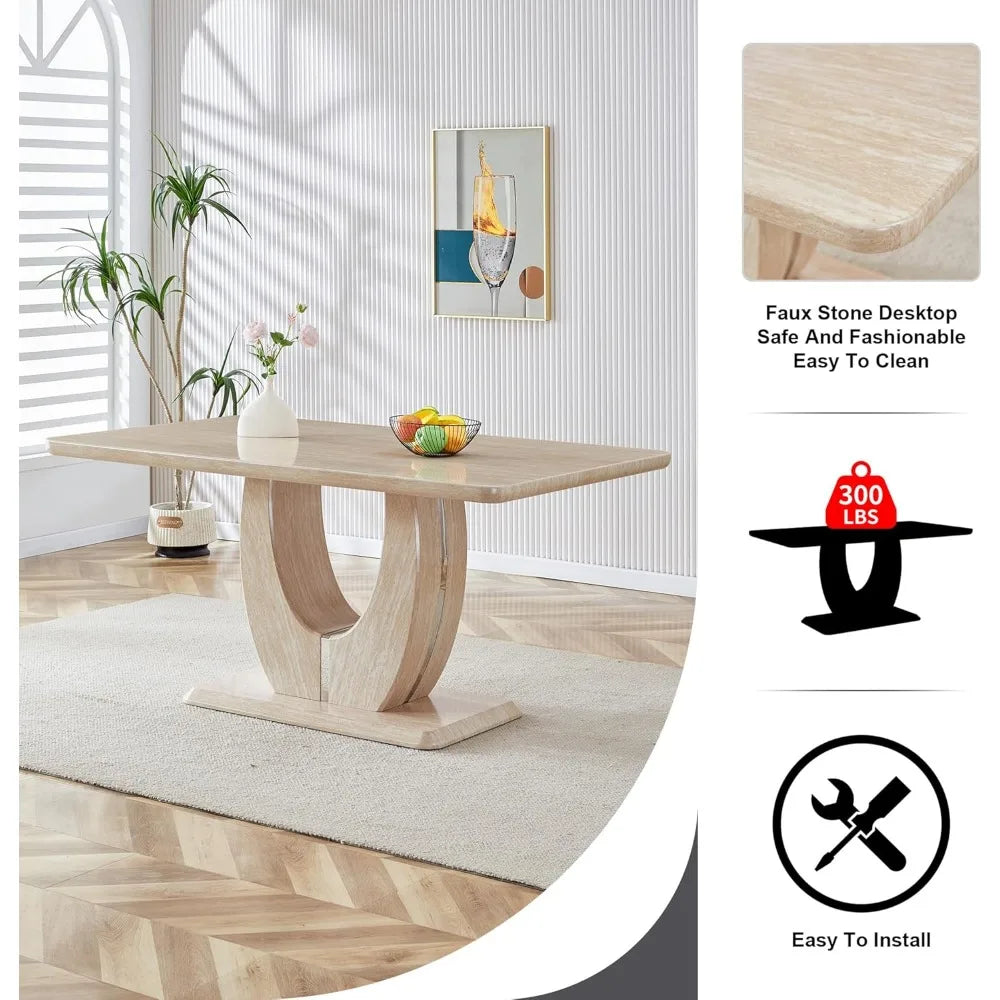Modern wooden dining table set for 6 people with imitation marble top & 6 PU leather upholstered chairs,Wood grain beige