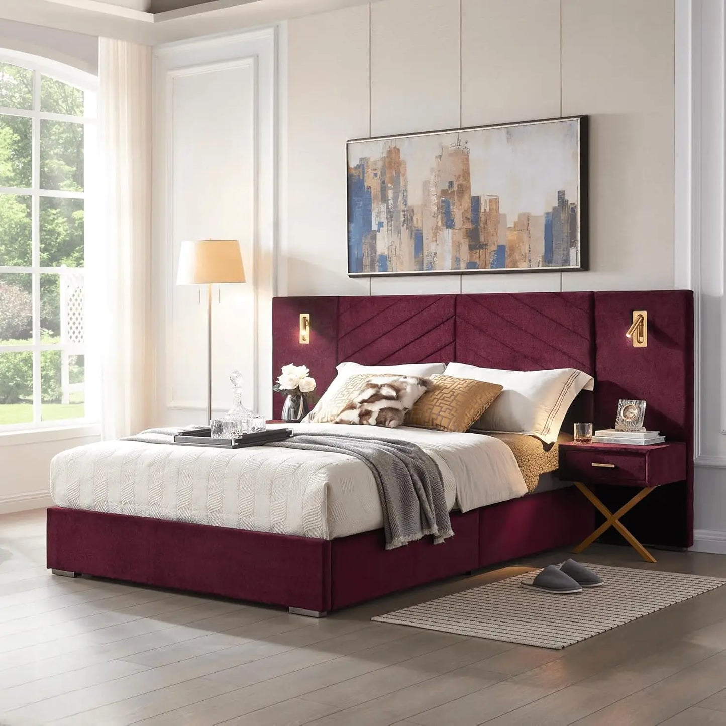 Luxury King Bed Frame with Built-in Gold LED Lights and Nightstands, King Size Platform Bed with Oversize Upholstered Headboard