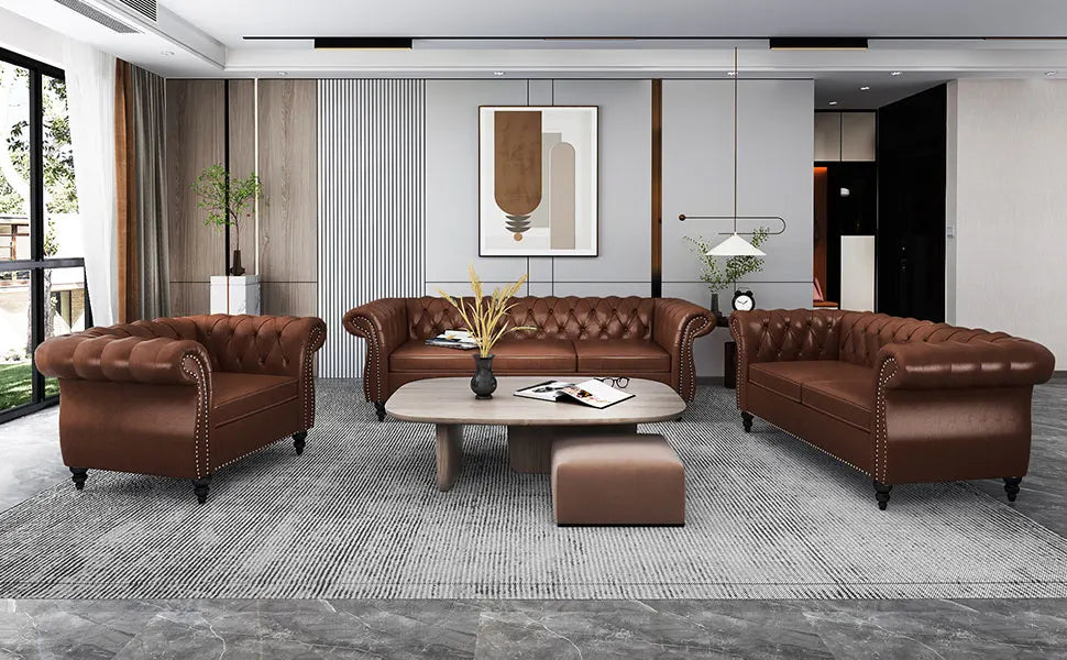 2-piece Living Room Set, Chesterfield Leather Double Sofa with Scroll Armrests and Nail Heads