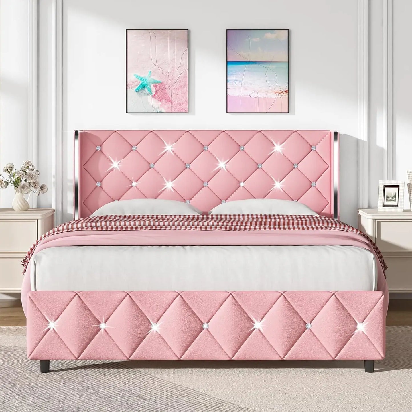 King Size Bed Frame, Velvet Upholstered Platform Bed King Size with Diamond Tufted Headboard and Footboard, Wooden Slats Support
