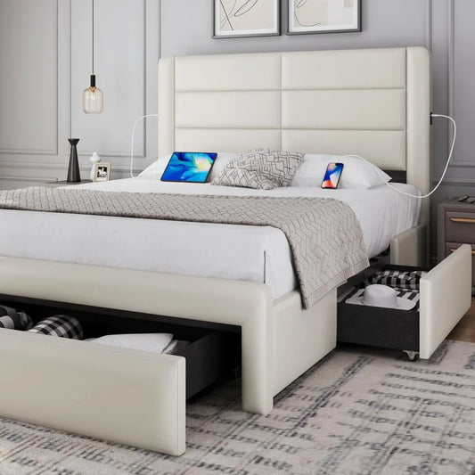 Bed Frame with 2 USB Charging Station/Port for Type A&Type C/3 Storage Drawers, Leather Upholstered Platform Bed