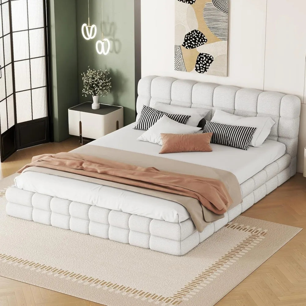 Large Cushioned Platform Bed Frame, Berber Wool Cushioned Grounded Bed with Solid Frame and Tufted Headboard