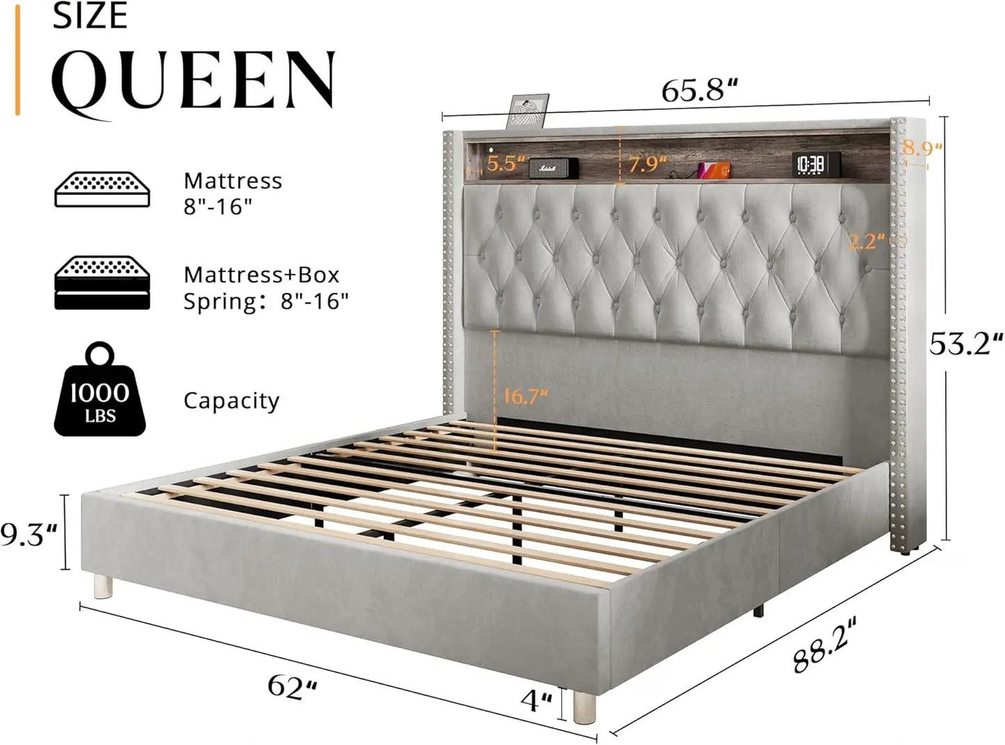 King Bed Frame with Headboard LED Lights and Charging Station, Velvet Tall Upholstered Platform Bed Storage No Box Spring Needed