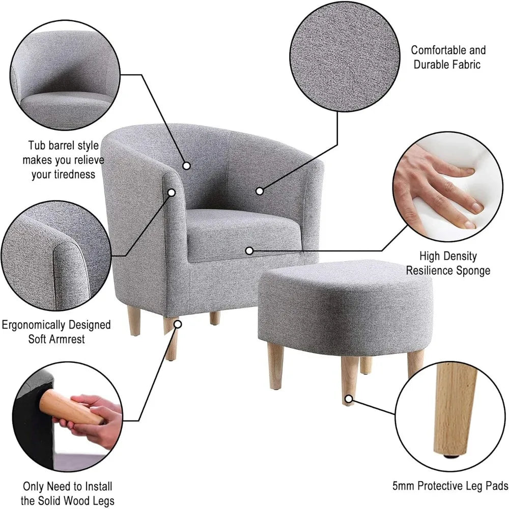 Mid Century Modern Barrel Comfy Fabric Armchair and Footrest Set, Upholstered Club Tub Round Arms Chair for Living Room Bedroom