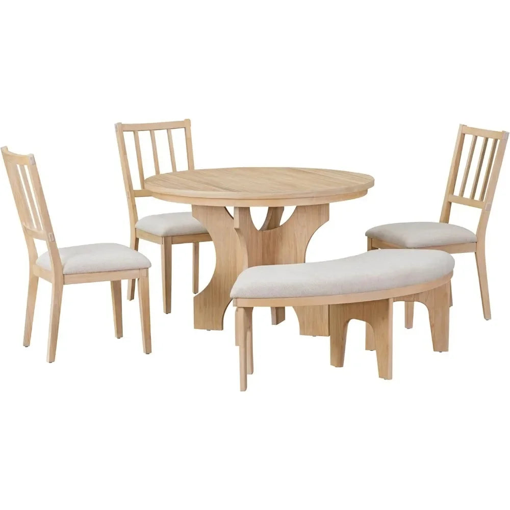 5-Piece Dining Table Set with Curved Bench & 3 Chairs Retro Round Dining Table Set